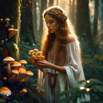 A person explores a mystical forest with Golden Teacher mushrooms